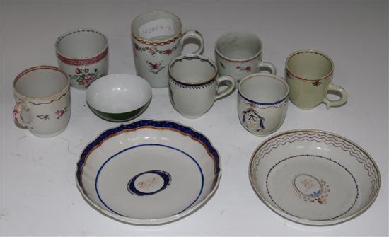 A Chinese armorial mug, 8cms, six coffee cans, a bowl and two saucers